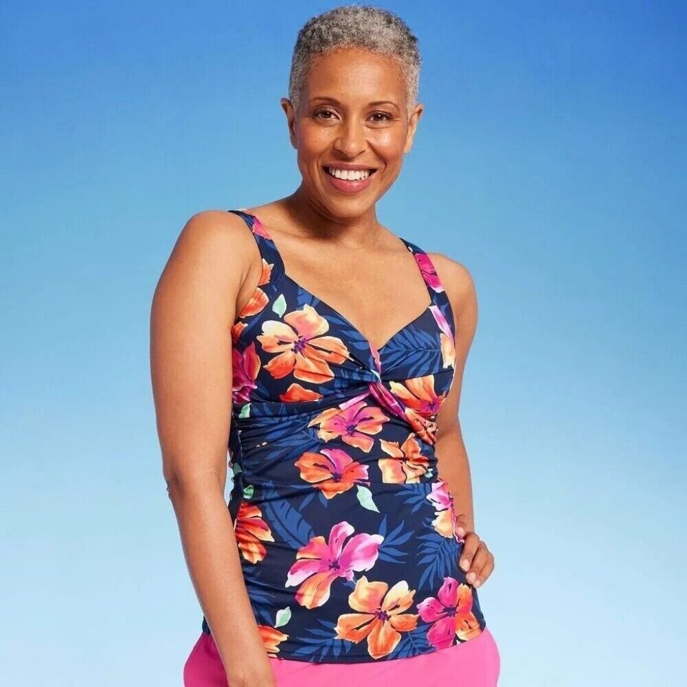 Lands' End Size XS 4 Navy Blue Floral Twist Front Underwire Tankini Swim Top